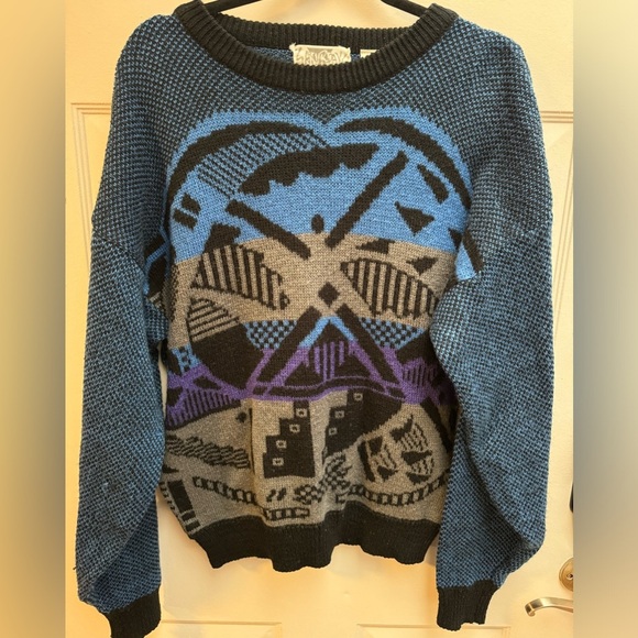 VTG 80s Saturdays Grunge Rad Geometric Unisex Pattern Purple Black Gray Sweater - Picture 1 of 12